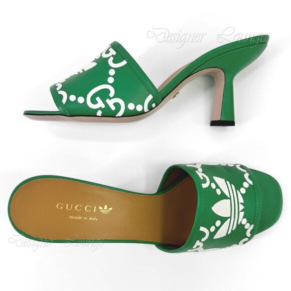 NEW GUCCI x ADIDAS GG Trefoil Logo Green Leather Heel Sandal Pump EU 39.5 US 9.5 - Picture 3 of 11